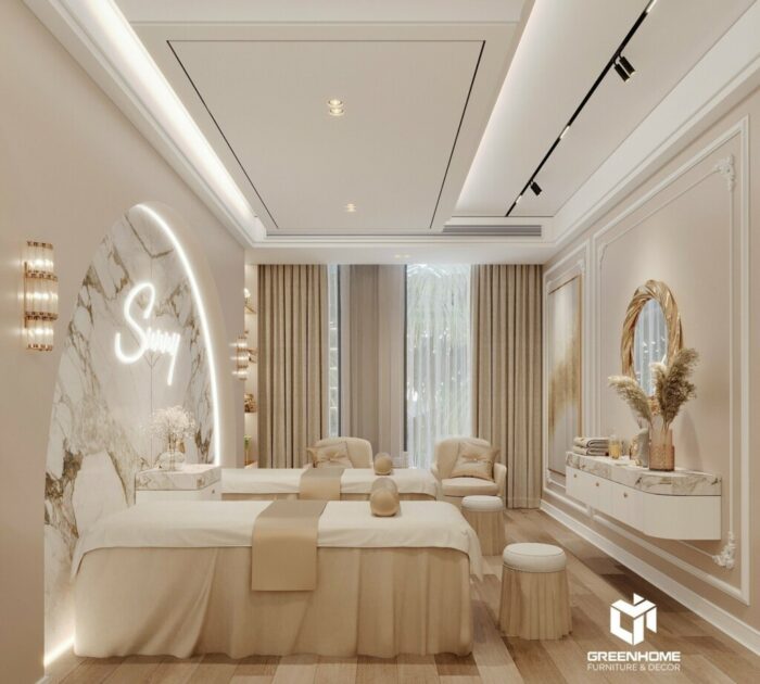Thiết kế nội thất spa cao cấp phong cách tân cổ điển chú trọng họa tiết tường và trần với nhiều hình tròn, bán nguyệt.