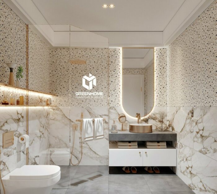 Thiết kế nội thất nhà vệ sinh spa cao cấp với kính ngăn và màu tường đá vân sáng.