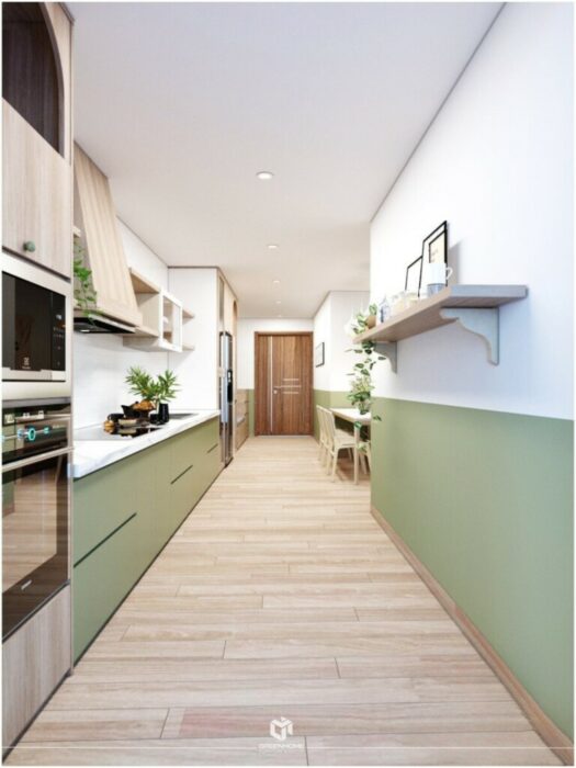 Tủ bếp Vũng Tàu màu xanh mint phù hợp không gian nhỏ hẹp.