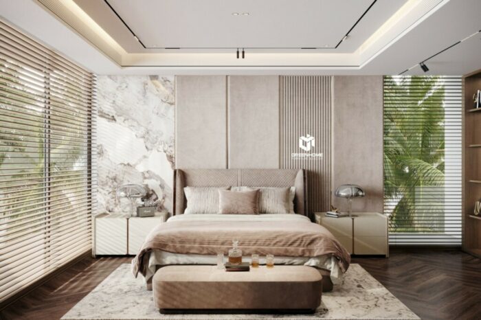 Thiết kế phòng ngủ với khung cửa kính lớn đón ánh sáng từ nhiều phía cho căn phòng.