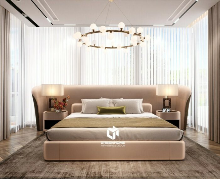 Thiết kế phòng ngủ master hiện đại với đèn hai bên giường cân xứng.